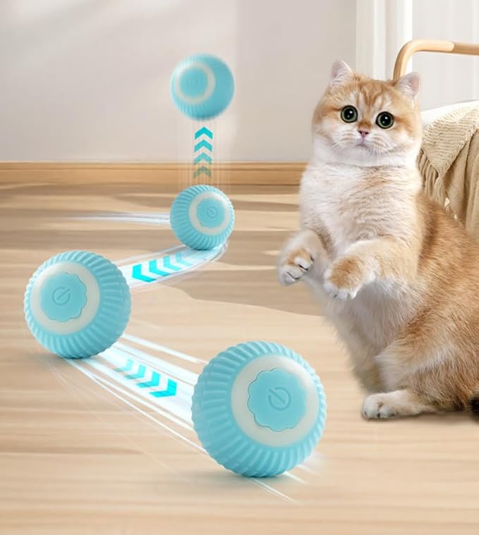 Smart Interactive Cat Toy Ball, Automatic Moving Cat Ball with Obstacle Avoidance, LED Light, Silicone Self-Rolling Cat Toy for Indoor Cats, Stimulate Hunting Instinct, Relieve Boredom (Blue)