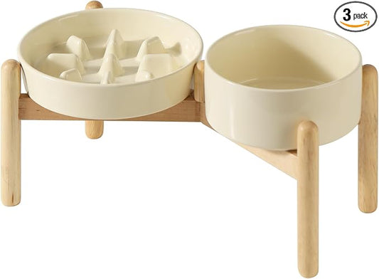 Havniva 7.3” Raised Slow Feeder Dog Bowls Set, 1.2 Cups Ceramic Slow Feeder Dog Bowl and 6.1” Dog Water Bowl with Elevated Wooden Stand Puzzle Dog Food Bowl for Small Dogs Anti-Gulping & Anti-Choking