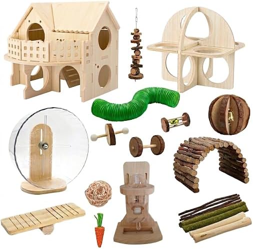 23 PCS Hamster Toys & Accessories Set – Wooden Maze House, Silent Exercise Wheel, 17 Pcs Chew Toys, Water Bottle & Hamster Fitness Toy for Hamsters, Rats & Small Animal Cage Accessories (Green)