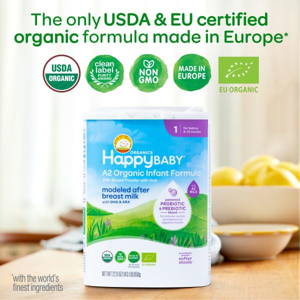 Happy Baby Organics A2 Stage 1 Infant Formula, 0-12 M, USDA Organic, Probiotics & Prebiotics, Iron & DHA, 22.9oz x4