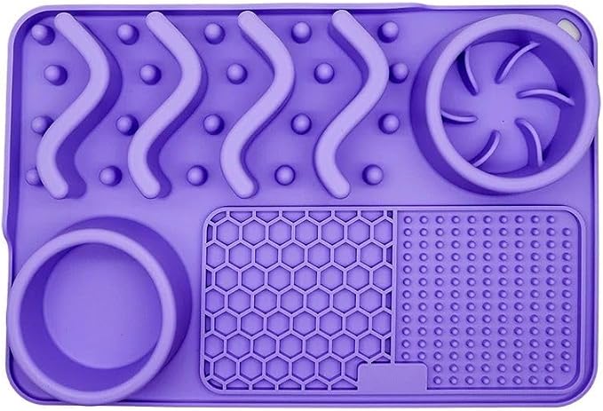 Silicone Dog Feeding Mat with Slow Feeder & Lick Pad for Dogs & Cats – Non-Slip Spill Proof Pet Feeding Mat with Bowl Holder – Dishwasher Safe BPA-Free Silicone – 12 x 8 Inch Purple