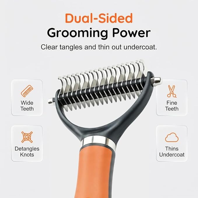 Double Sided Dematting Comb, 2026Undercoat Rake Deshedding Grooming Tool, Pet Hair Detangler Brush for Removing Tangles Knots and Loose Fur, Grooming Comb for Long Thick Coats (1, Orange)