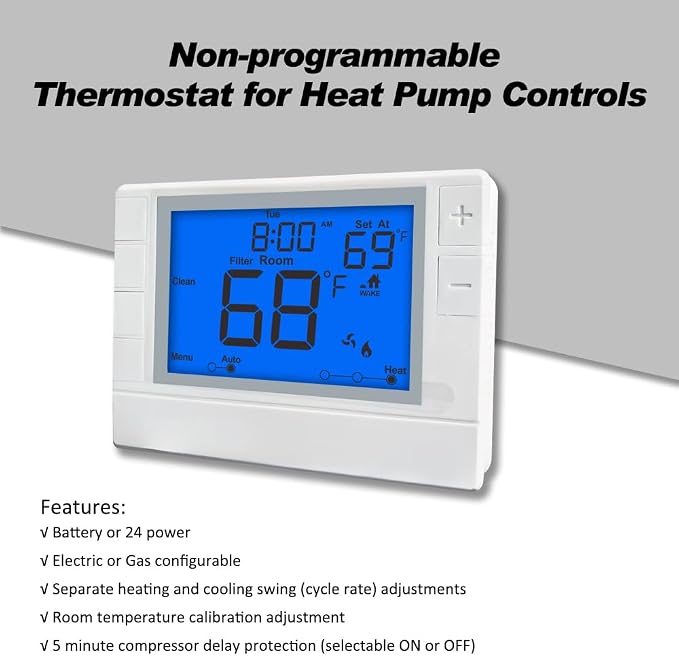 Thermostat for Home, Premium Heat Pump Room Temperature Controller, up to 2H/1C, Easy-to-Read Large Display，Blue Backlight