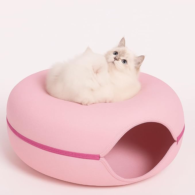 Pink Cat Tunnel & Donut Bed Cave for Indoor Cats – Large Felt Cat Toys Interactive Hideaway, No-Collapse, Scratch-Resistant, Washable Cat House, Cat Enrichment for Bored Indoor Cats & Kittens Gift Toy