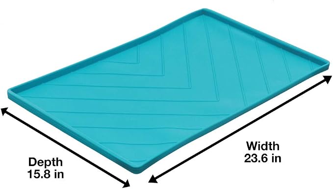 Messy Mutts Silicone Non-Slip Dog Bowl Mat with Raised Edge and Two Sides Reinforced with Metal Rods | Dog/Cat Bowl Mat with Spill-Proof Lip | Large, 24” x 16” | Blue