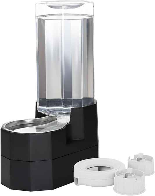 RIZZARI Black 9L Raised Gravity Dog Water Dispenser with Stainless Steel Bowl - BPA-Free, Includes 2 Caps, Leak-Proof & Easy-Clean, Automatic, for Senior Dogs’ Comfort, for Bedroom or Garden
