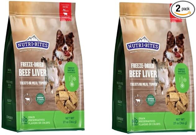 Nutri Bites Freeze-Dried Beef Liver Dog Treats, 2 Pack (27 oz) | Single-Ingredient Real Beef Liver | High Protein, Grain-Free Treats for Dogs & Cats | Made in Canada | Resealable Freshness Bag