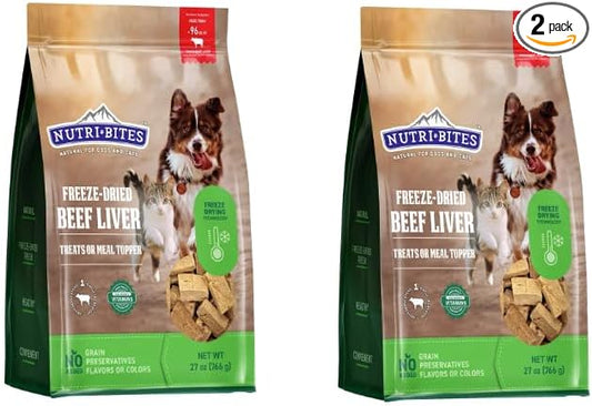 Nutri Bites Freeze-Dried Beef Liver Dog Treats, 2 Pack (27 oz) | Single-Ingredient Real Beef Liver | High Protein, Grain-Free Treats for Dogs & Cats | Made in Canada | Resealable Freshness Bag