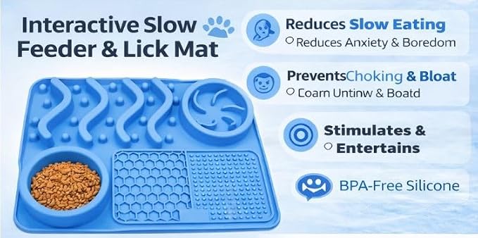 Silicone Dog Feeding Mat with Slow Feeder & Lick Pad for Dogs and Cats – Non-Slip Spill-Proof Pet Feeding Tray with Bowl Holder, Dishwasher Safe, Support, 12 x 8 Inch Blue