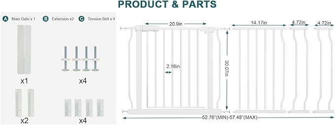 Baby Gates Extra Wide 52.76-57.48 Inch Large Long Baby Gate for Stairs Tension Pet Dog Gates Indoor for Doorways,No Drilling Pressure Mounted Pet Gates for Kids