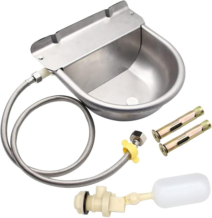 Automatic Livestock Water Bowl Float Valve Self-Filling Dog Goat Chicken | 304 Stainless Steel Animal Waterer Auto Refill, Horse Pig Cow Sheep Cat, Drainage, 3/4" GHT Hose & Mounting Bolts, Farm Ranch