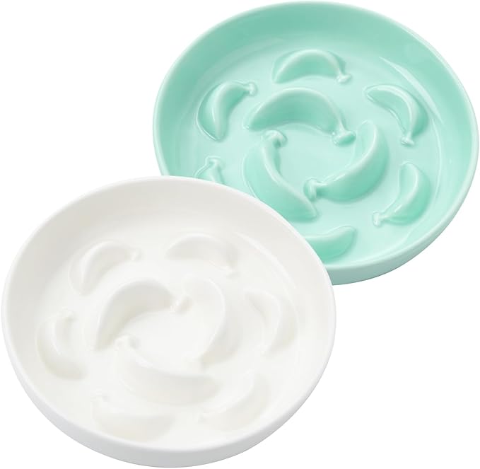 Slow Feeder Cat Bowls with Stand - Double Ceramic Cat Dishes and Splash-Proof Base Bundle - Elevated Feeding Station - White & Green