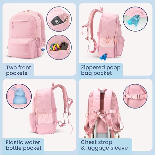 Rubyloo The Original Doggy Bag Backpack (Dusty Pink) & 32oz Insulated Water Bottle with Attached 8oz Bowl (Rescued is My Favorite Breed) – Dog Travel Backpack & Hydration Set