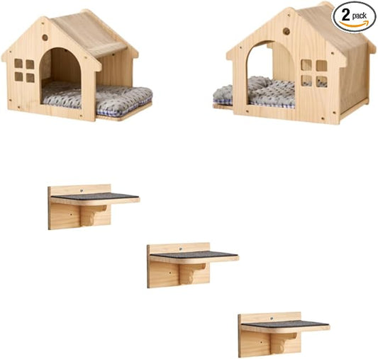SHENGOCASE 2-Pack Cat Wall House, Wall-Mounted Shelves Perch Furniture Set with 3 Steps, Natural Wood, Washable Cat Cushions