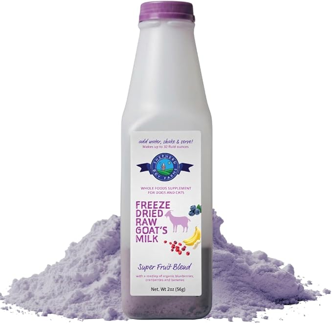 Shepherd Boy Farms Freeze Dried Raw Goats Milk with Probiotics for Dogs & Cats (Super Fruits), Organic USA Fruit, Digestible Goat Milk Powder, Raw Nutrition, High Protein Food Toppers - Makes 32 FL OZ