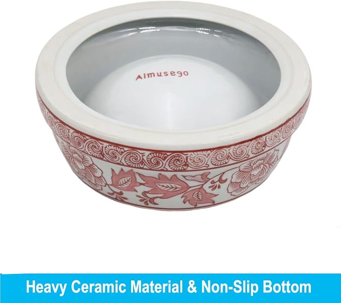 Aimusego Pink & White Ceramic Dog Bowl,Chinoiserie Floral Heavy Duty Non-Slip Dog Food Water Bowls, Ceramic Dish for Medium and Small Dogs and Cats, for Pet Owners,Puppy 9inch