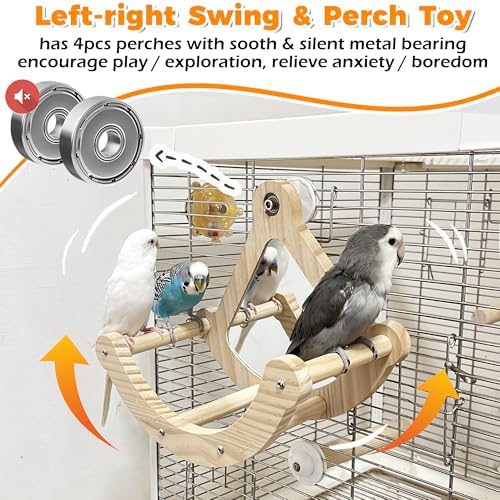 2pcs Natural Wood Bird Perch & Spinner Toys with Mirror & Bells, Interactive Chewing Hanging Bird Cage Accessories for Parakeet, Cockatiel, Conure, Budgie, Lovebird, Quaker