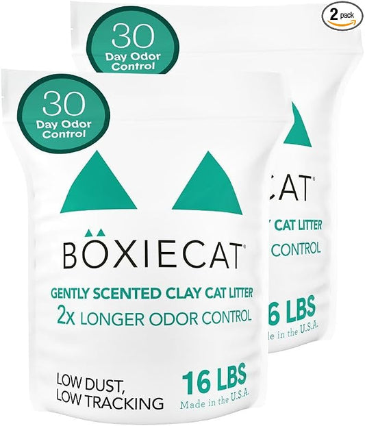 Boxiecat Cat Litter, Clumping, 32lbs, Gently Scented | 30 Day Odor Control | Clay | 2 Pack