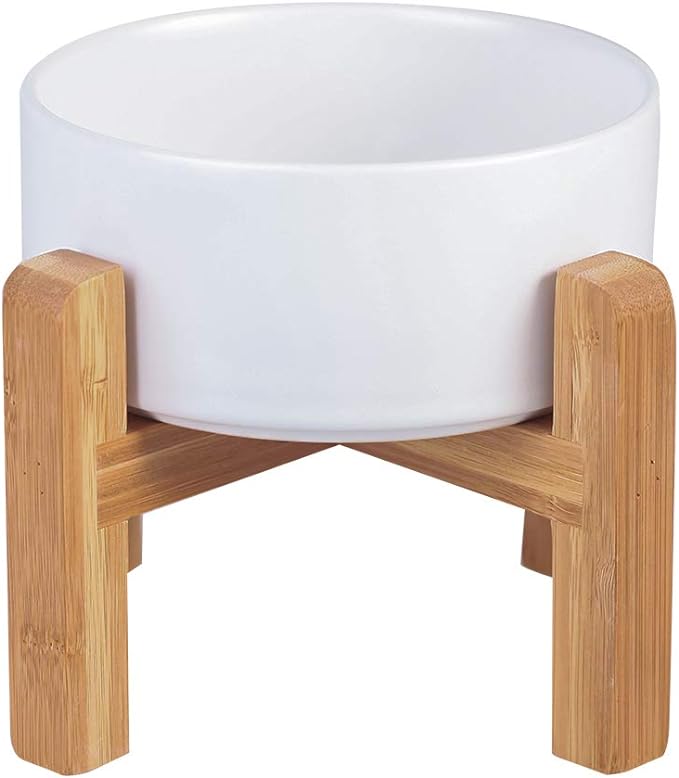 Ceramic Elevated Raised Cat Bowl with Wood Stand No Spill Pet Food Water Feeder Cats Small Dogs