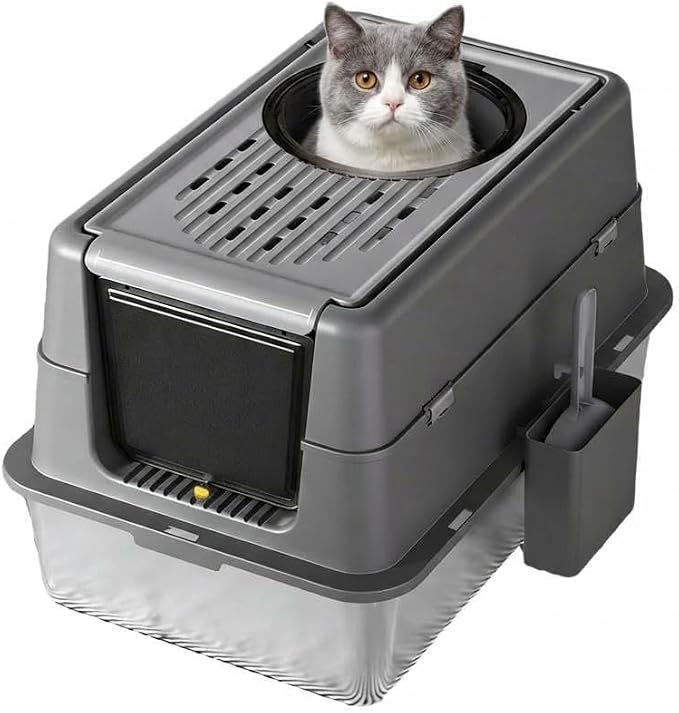 GarveeHome 23.62" Large Stainless Steel Litter Box for Large Cats, Enclosed Cat Litter Pan with 180° Flip-Top Lid, Dual Entry Front Door & Top Entrance, Easy Clean Odor Control for Multi-Cat