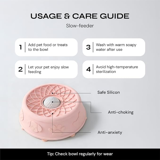 Slow Feeder Dog Bowl with Rolling Ball, No Spill Silicone Pet Lick Bowl for Dogs and Cats, Anti Slip Suction Base, Interactive Pet Feeder for Slower Eating and Cleaner Mealtime (Pink)