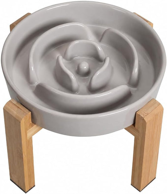 Elevated Slow Feeder Dog Bowl Large Breed, 8.8 Inch Ceramic Slow Eating Bowl with Bamboo Stand, Anti-Choking Raised Maze Design for Medium to Large Dogs, 3.2 Cup, Grey