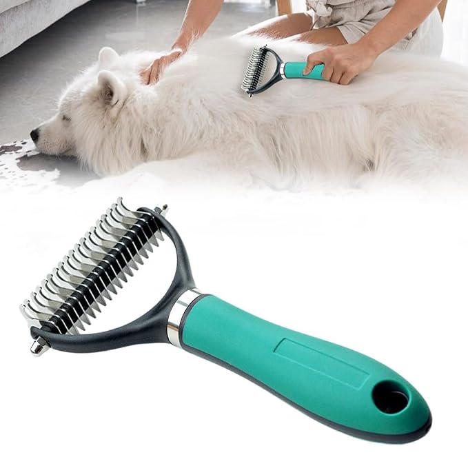 2026 New Pet Grooming Brush, Double-Sided Undercoat Rake Home Use for Dogs, Multifunctional Easy Grip Fur Remover Comb Durable Dematting Tool for Long Haired Cats, Green