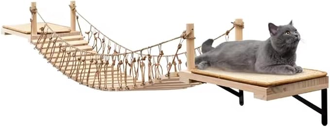 A.FATI Wall-Mounted Cat Roped Bridge Long for Indoor Cats, Cat Wall Shelves for Sleeping, Playing, Climbing, Wooden Cats Bed and Perches with Sisal Scratch Mat