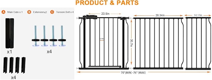 HOOEN 30" Tall Extra Wide Baby Gate for Doorways Stairs 70 to 76 Inch Large Long Pressure Mounted Dog Gate for the House Tension Baby Gate Walk Through Indoor Child Safety Gates for Kids or Pets