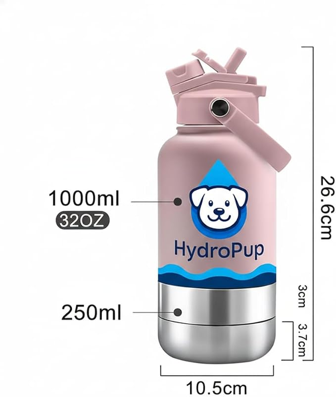 32 OZ Stainless Steel Dog Water Bottle With Lid-HydroPup (Pink)