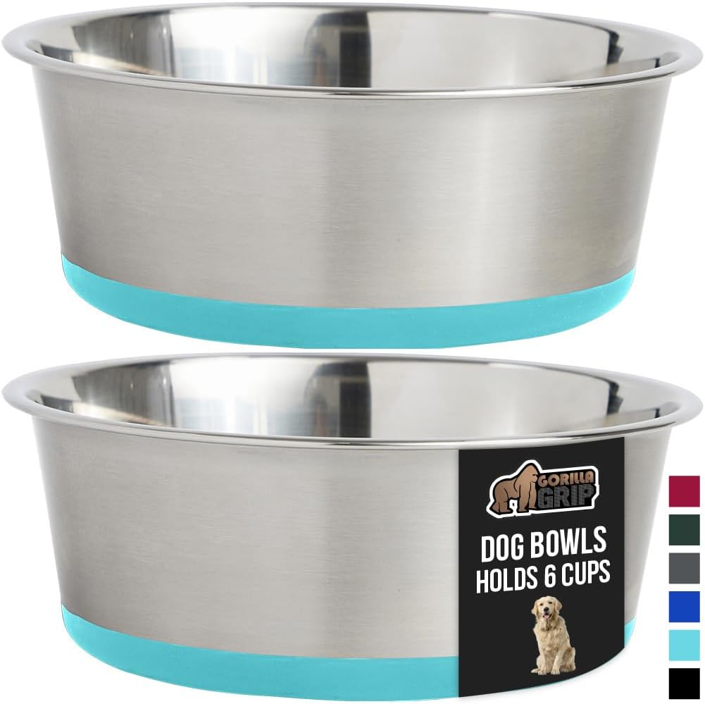 GORILLA GRIP Set of 2 Dog Bowls, Holds 6 Cups (48 fl oz), Heavy Duty Metal Food and Water Bowl for Feeding Dogs and Cats, Dishwasher Safe Rust Resistant Stainless Steel, BPA Free Rubber Base Turquoise