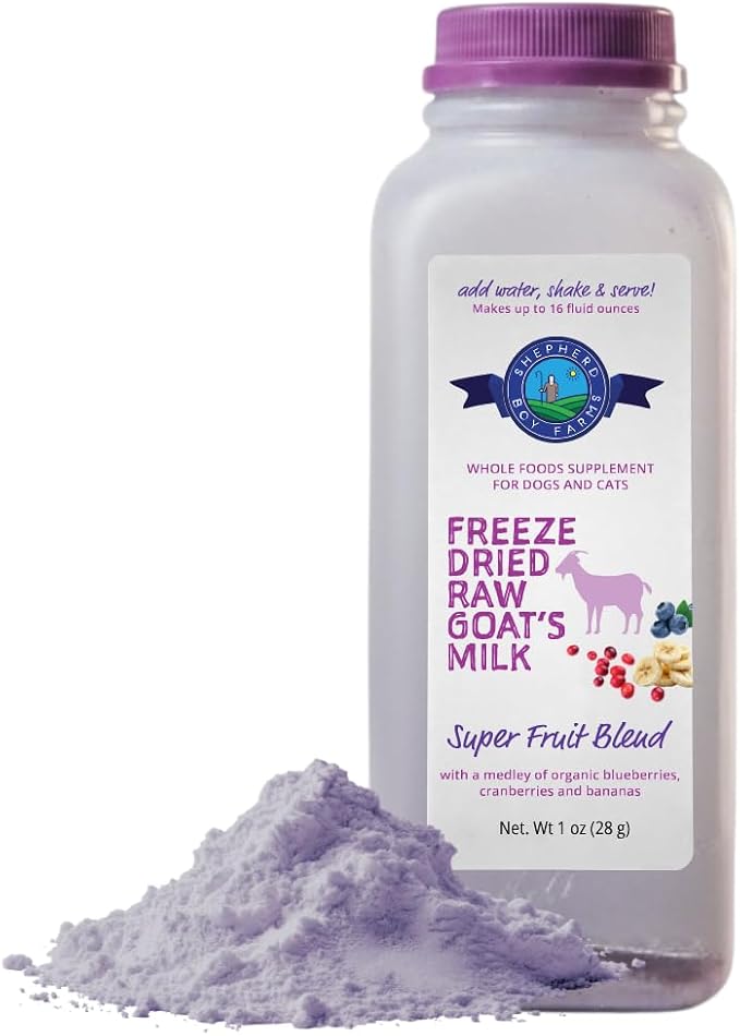 Shepherd Boy Farms Freeze Dried Raw Goats Milk with Probiotics for Dogs & Cats (Super Fruits), Organic USA Fruits, Digestible Goat Milk Powder, Raw Nutrition, High Protein Food Topper - Makes 16 FL Oz