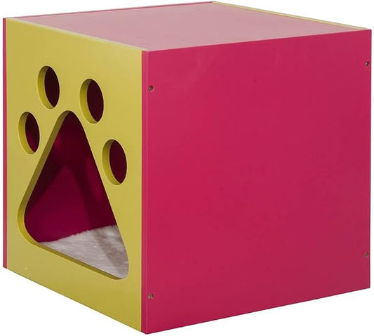 Elegant Home Fashions Cat Cuddle Box Pet House with Paw Design Mellow Green and Fuchsia Finish, PET-986