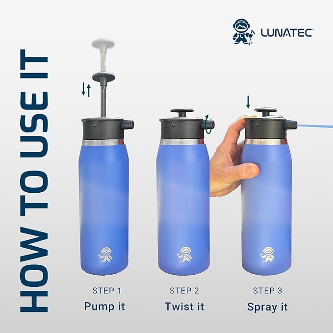Lunatec® 1000ml Mist, Shower & Hydration Spray Water Bottle. 3-in-1 Cooling, Cleaning & Drinking With Mister, Stream & Shower Patterns.