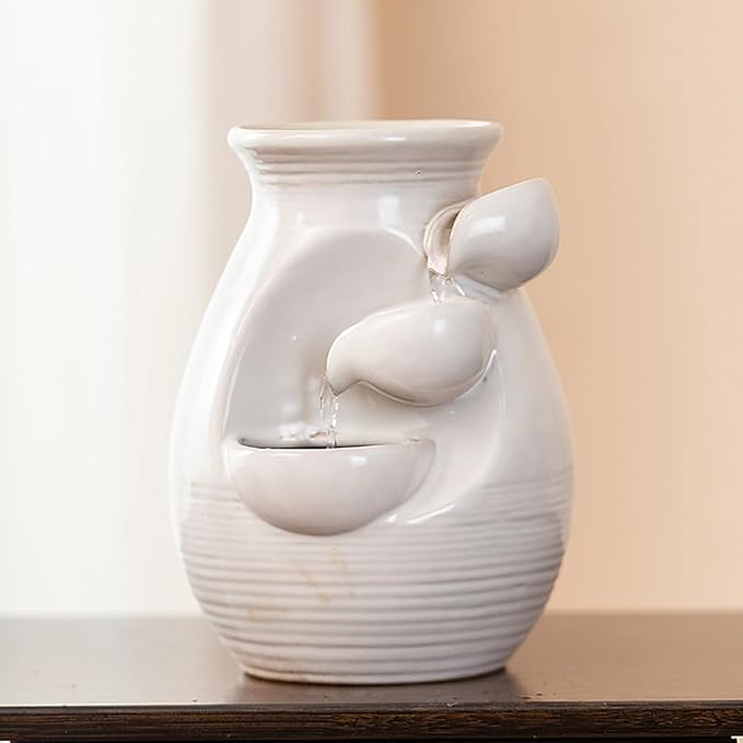 Ceramic Tabletop Desktop Fountain Water Feature Waterfall Home Indoor Decoration (White)