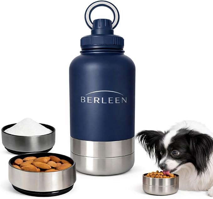 BERLEEN 3-in-1 32 oz Insulated Dog Water Bottle with Magnetic Lid, Bottle with Detachable Stainless Steel Bowls – Portable Travel Water & Food Container for Dogs, Leakproof, Ideal for Walking (Navy)