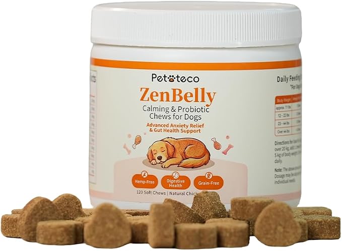 ZenBelly Calming Chews for Dogs, Probiotic Calming Treats for Stress Support, Separation Anxiety, Travel, Thunderstorms & Fireworks, Hemp Free, Grain Free, Chicken Flavor, 120 Soft Chews