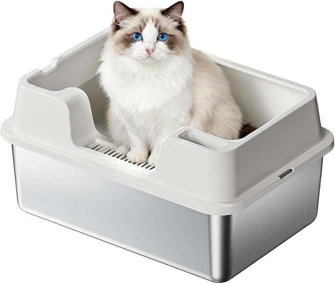 24.6 Inch Large Cat Litter Box, Semi-Enclosed Stainless Steel & PP Pan with High Sides for Anti-Leakage, Flip-Top Lid & Scoop Included for Large Cats-Beige