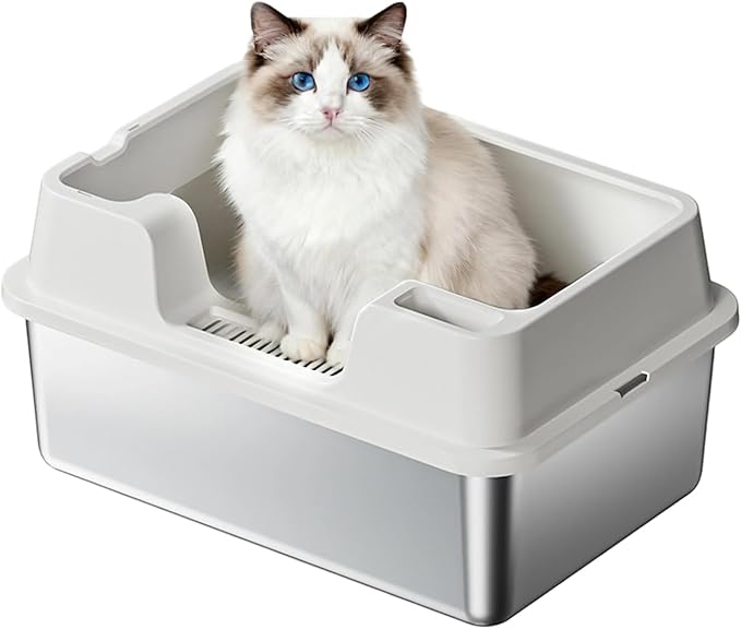 24.6 Inch Large Cat Litter Box, Semi-Enclosed Stainless Steel & PP Pan with High Sides for Anti-Leakage, Flip-Top Lid & Scoop Included for Large Cats-Gray