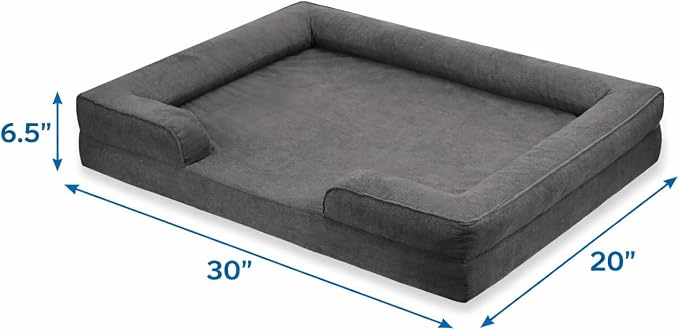 Gray Corduroy Orthopedic Dog Bed with Bolster – Memory Foam, Washable Removable Cover, Non-Slip Bottom (Medium)