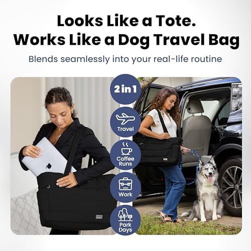 Rubyloo Dog Mom Essentials Bundle - Puffer Tote with Storage Containers (Black) and 32 oz Water Bottle with Detachable Bowl (Dog Mom) - Travel Bag and Hydration Set