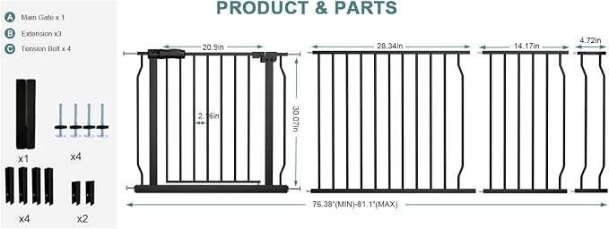 Baby Gates Extra Wide 76.4-81.1 Inch Large Baby Gates for Stairs, Doorways - No Drilling, Indoor Tension Pressure Mounted Pet Gates for Kids & Dogs