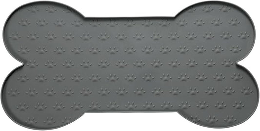 Dog Food Mat, 20x10 Inch Silicone Pet Feeding Mat Non-Slip Bone Shaped Waterproof Dog Water Bowl Tray Raised Edge Protects Floors (Gray), Intended for Pets Bowl/Fountain