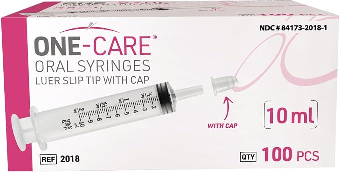 Pack of 100, ONE-CARE 10ml Oral Syringe with Cap, Latex-free, 100 Oral Dispensers - 10ml, Prolonged Slip Tip, Uses include oral administration of medicine for infants, adults and animals