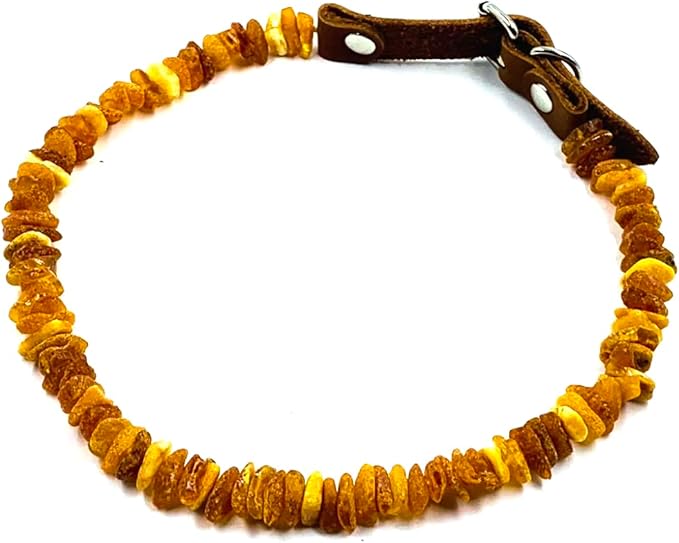 Amber Collars for Dogs & Cats - Dog & Cat Collar with Adjustable Leather Strap - Raw Knotted Amber Beads (20-25cm)