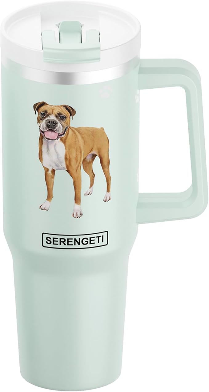 E&S Pets SERENGETI 40 Oz Ultimate Tumbler with Handle and Straw - Vacuum Insulated Tumbler with Straw and Lid - Stainless Steel Travel Mug for Pet Lovers - 3D Designs of your favorite Dog (Boxer)