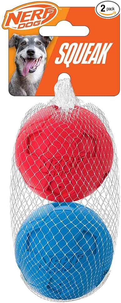 Nerf Dog Soccer Ball Dog Toy with Interactive Squeaker, Lightweight, Durable and Water Resistant, 2.5 Inches, For Medium/Large Breeds, Two Pack, Blue and Red