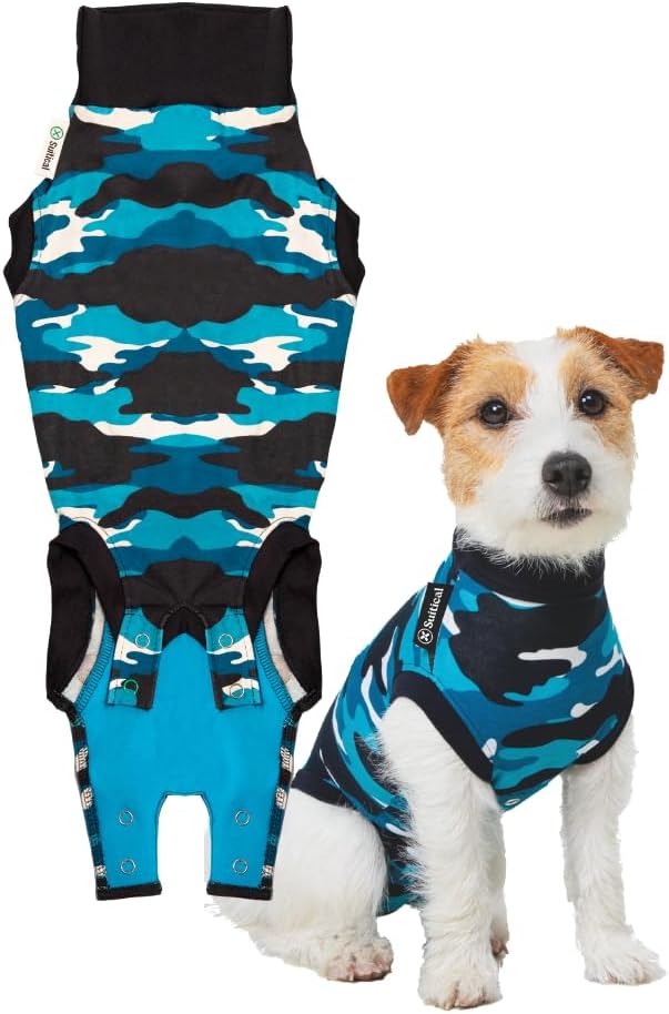 Suitical Recovery Suit for Dogs - Spay & Neutering Dog Surgery Recovery Suit for Male or Female - Soft Fabric for Skin Conditions - S+ Neck to Tail 19.3-22.4 Inch, Chest 25-35.5 Inch - Blue Camouflage