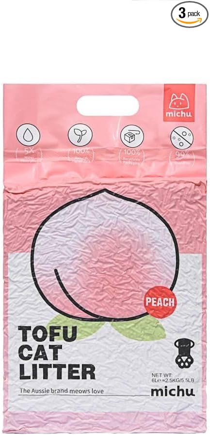 Michu Tofu Cat Litter Natural Clumping Tofu Cat Litter, Fast Clumping and Easily Scoop-able 5.5lb/88oz 5 Scents - Peach, 3 Pack
