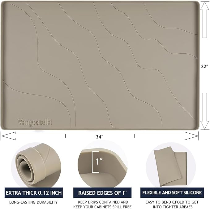Heavy Duty Silicone Under Sink Mats for Kitchen Waterproof 40" x 22", Extra Thick Under Sink Rubber Mat Drip Tray, Raised Edge Under Sink Liner,Prevent Drips, Leaks, Spills,Brown